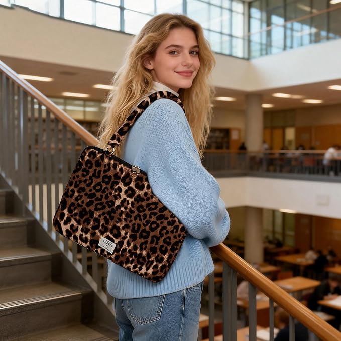 Cute Bow Laptop Case Coquette 13-15 Inch Puffy Laptop Sleeve Accessories Aesthetic Quilted Computer Bag for MacBook (Leopard Brown, 15-15.6inch)