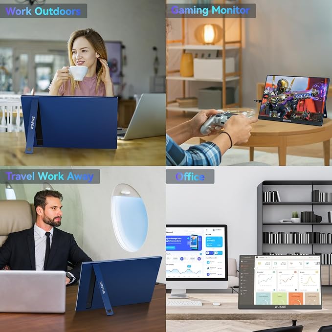 WUAWE 16" 1200P 120Hz Portable Monitor for Laptop, 100% sRGB Portable Laptop Monitor with Built-in Stand, HDR and Freensync, External USB C Monitor for Phone, MacBook, Laptop, PC(Blue)