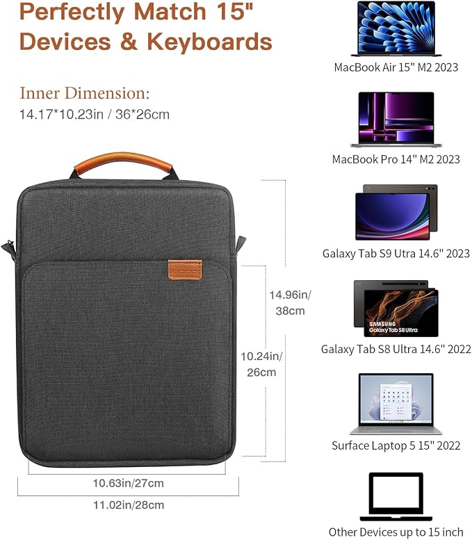 MoKo 15 Inch Laptop Sleeve Bag Fits MacBook Air 15" M2 2023, MacBook Pro 14" M2 2023, Galaxy Tab S9 Utra 14.6" 2023, Handle Carrying Case with Shoulder Strap, Black & Gray