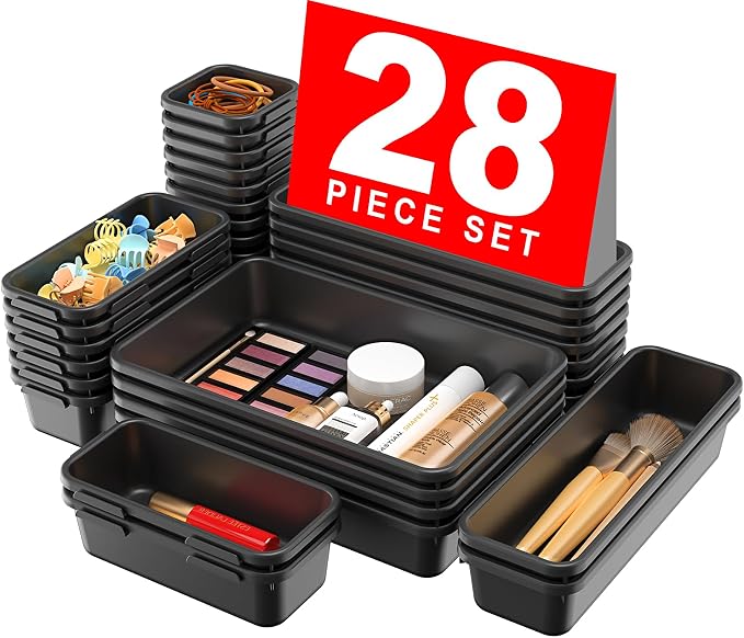 A-LuGei 【Military Grade Drawer Organizer, 【𝟱𝗦𝗶𝘇𝗲】 Makeup organizer, 【Holds 177 Items】 Bathroom Organizers and Storage, Organization and Storage, Desk Drawer Organizer for Vanity (Black)
