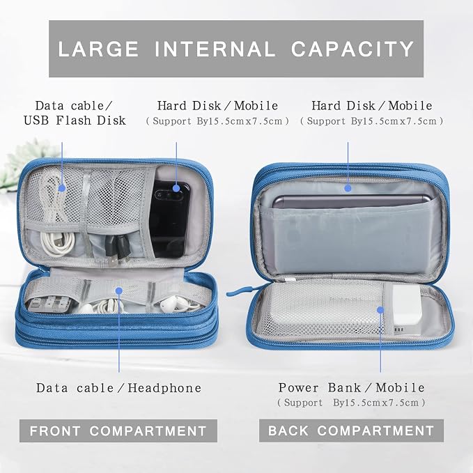 Skycase Electronic Organizer Travel Case - Waterproof Travel Cord Pouches for Organization, Cable Organizer, All-in-One Double Layers Storage Bag for Accessories, Charger, Cable, Blue - Medium