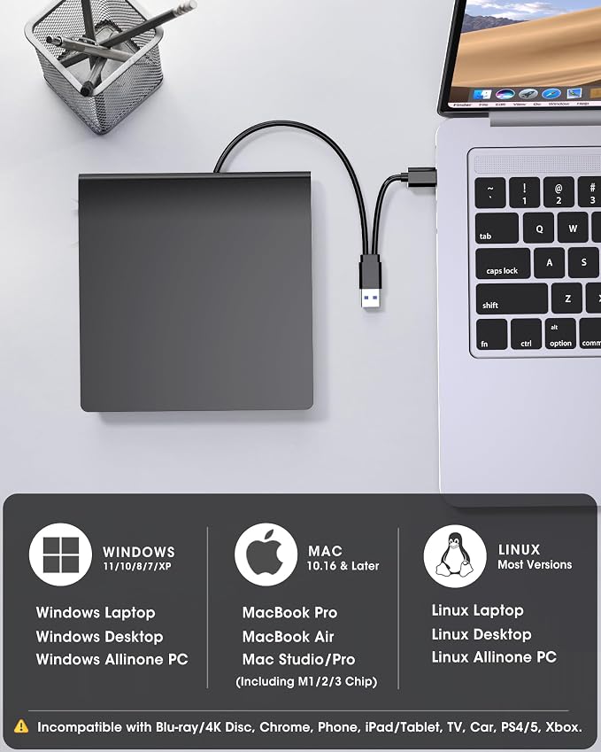 ROOFULL External CD DVD Drive with Extra Power Cable for Laptop, Ultra Slim USB 3.0 Type-C Portable CD DVD Optical Disc Drive Reader Writer Burner Player for PC MacBook Windows 11/10/7 Mac Linux OS