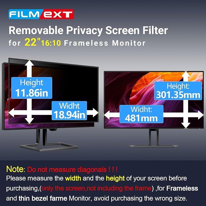 FILMEXT 2 Pack 22 Inch Computer Privacy Screen Filter for 16:10 All-in-One Desktop/Frameless Monitor - Removable Blue Light UV Blocking Privacy Shield for Thin Bezel Computer
