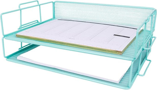 BLU MONACO Aqua Mesh Paper Tray Set of 2 | Stackable Letter Trays for Desk Storage | Metal Document Holder and File Organizer for Home, Office and School | 13” x 9.8” x 5.6” Workspace Organizer