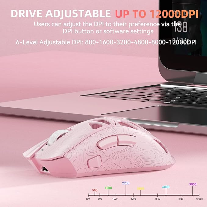 Aula SC620 Wireless Gaming Mouse, Tri-Mode 2.4GHz/USB-C/BT5.3 Computer Mouse with 12000 DPI, Programmable Macro Gamer Mouse with Rapid Fire Key, RGB Light Gaming Mice for PC/Laptop/Mac (Line Pink)