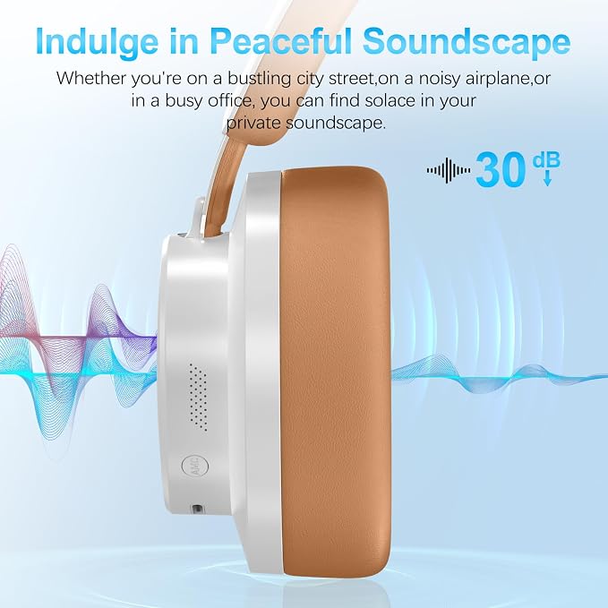Over Ear Headphones Wireless Bluetooth, Noise Cancelling Headphones Bluetooth with Microphone, Cancelling Wireless Headphones Over Ear, 65h Playtime, Clear Calls, Comfort Fit For Travel (Grey Brown)