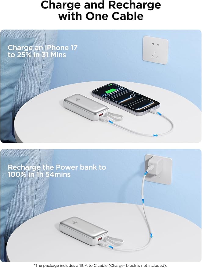 Portable Charger, Power Bank Fast Charging 10000mAh Battery Pack Charger Portable with Built in Cables Travel Essential Portable Power Bank for iPhone 17 16 15 14 13 Samsung Galaxy S24 S23(1Pack)