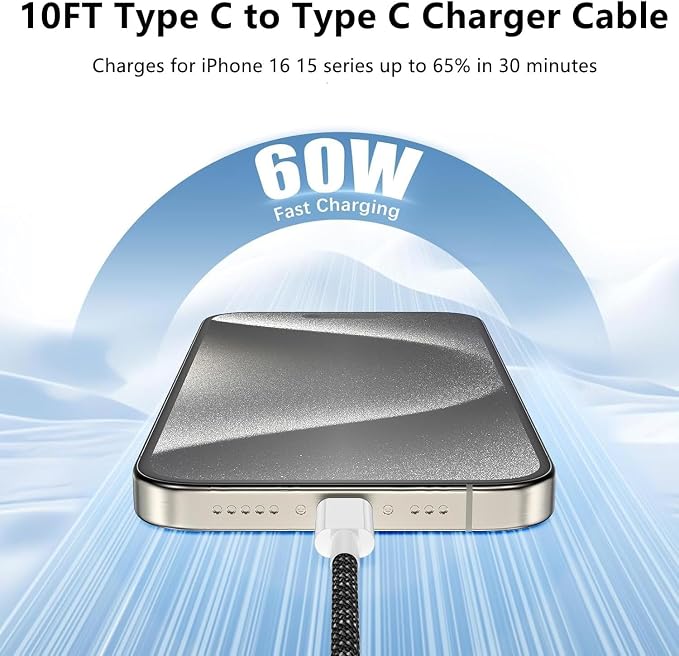 USB C to C Charger Cable 10ft, 60W Type C to C Fast Charging Cable Cord Long for Apple iPhone 17 Pro Max/17 Air/16 Pro Max/16 Pro/15 Plus/15 Pro Max/MacBook 2021/2020/2019,iPad Pro/Mini/Samsung Galaxy