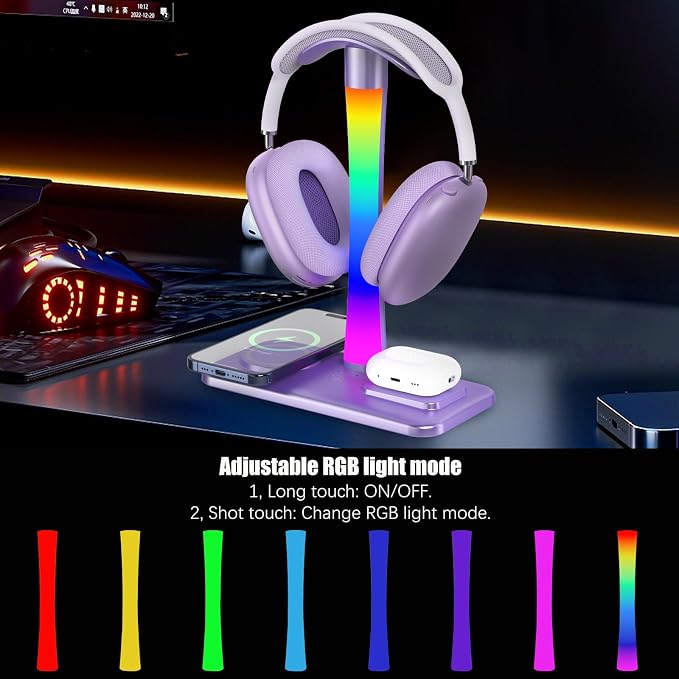 Headphone Stand with Wireless Charger,Gaming Headset stand with RGB Light,For Airpod Max Stand Compatible with Airpod Pro/3/2,For iPhone 17/16/15/14/13/12/11,Gifts for Gamers & Music Lover (Purple)