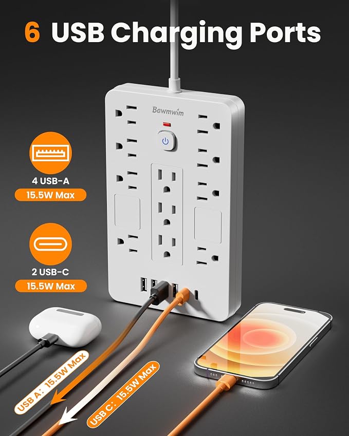 2 Pack Surge Protector Power Strip - 11 Outlets(1850W/15A/14AWG) with 6 USB Ports(2 USB C), 6FT Flat Plug Extension Cord, Wall Mount, White,Listed for Home, Dorm Room