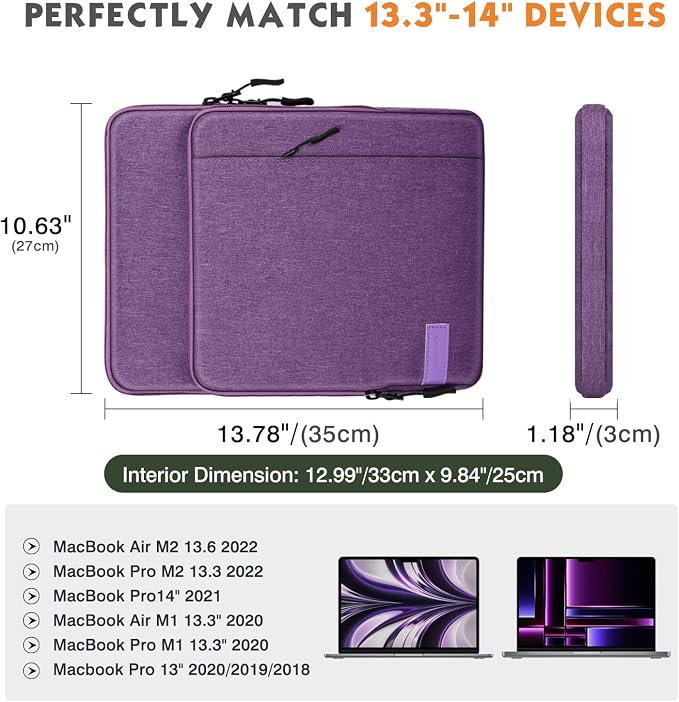 MoKo Laptop Sleeve Bag for 13.3-14 Inch, Notebook Carrying Case with Pocket Fits New MacBook Pro M3/M2 14" /13" M2/M1 Pro/M1 Max 14.2 2023-2021/Air 13.6" M2 2022, Surface Pro 9/8 13", Purple