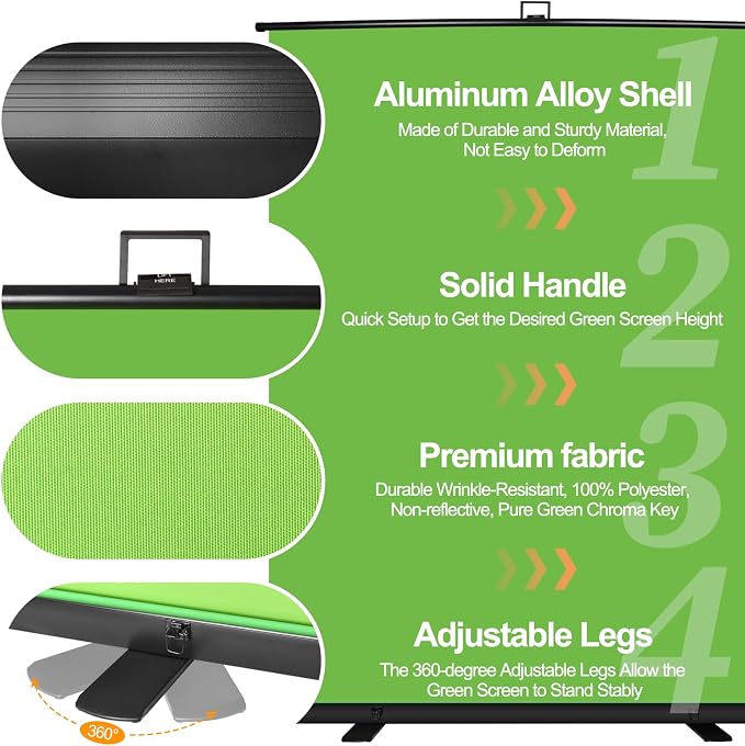 FUDESY 61 x 77.5in Collapsible Green Screen, Portable Retractable Chroma Key Backdrop, Wrinkle-Resistant Fabric Pop Up Photo Background with Stand for Streaming, Video Conference, Photographic Studio