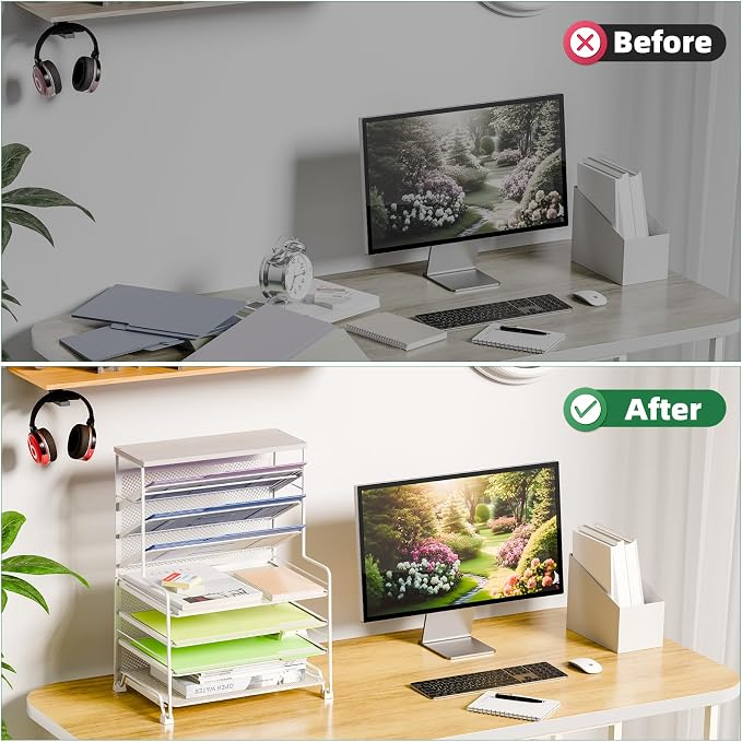 Simple Trending 7 Tier Desk File Organizer, Letter Tray Paper Organizer, Mesh Desk Accessories File Folder for Office, Home or School, White