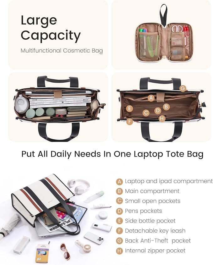 LOVEVOOK laptop bag for women 15.6 inch large canvas work tote bags with Clutch Purse water resistant computer bags for laptops for women Business Office Travel college Casual, Black White Brown