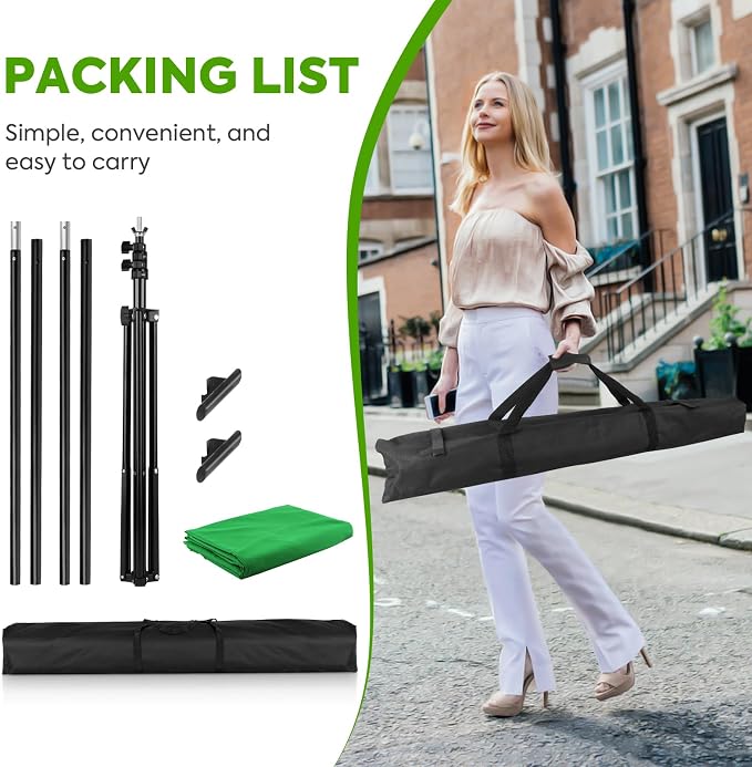 Green Screen Backdrop Kit with Stand, Huzofexo 6.5x6.5ft Adjustable Stable Photography Greenscreen Support Stand Kit Chromakey Background for Photo Studio,Vedio,Product Portrait, Streaming, Gaming