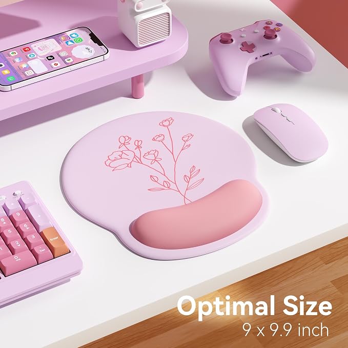 Ergonomic Mouse Pad with Wrist Rest,Mousepad with Wrist Support - Cute Gel Portable Mouse Pads for Desk Laptop,Computer,Office & Home Decor-(Pink Plants)