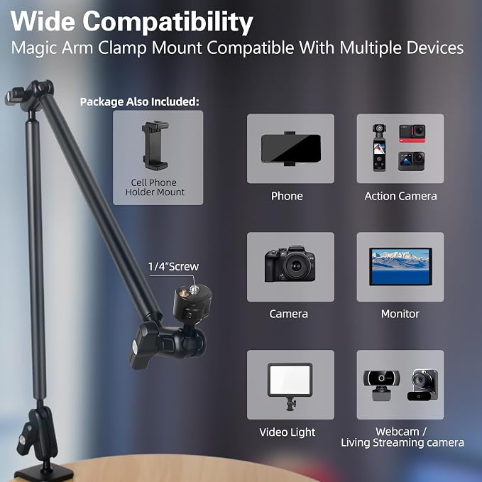 Desktop Clamp Magic Arm 33.84" Kit for Phone,DSRL Two-Stage Adjustable Flexible Arm, Overhead Camera Mount, Desk Phone Mount for Webcam, Action Camera, Mic,Video Light