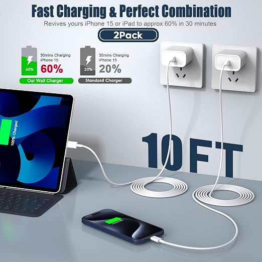 iPhone 17/16/15 Charger Fast Charging,2Pack 10FT Long USB C to C i Phone Fast Charging Cable Cord with 20W USBC Quick Charger Block Adapter for iPhone 17/16 Pro/15 ProMax/15 Plus,iPad 12.9/11/10.9/Air