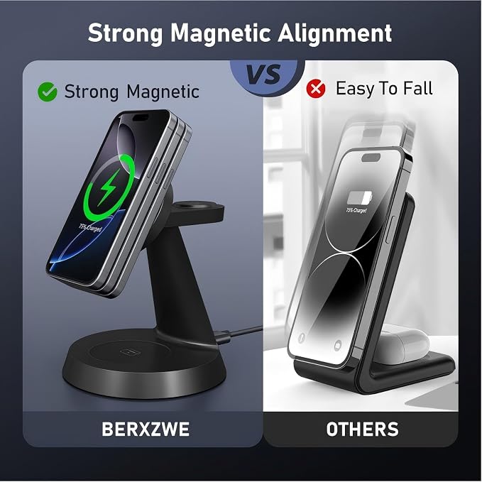 iPhone Charging Station 3 in 1 Wireless Charger for Apple Devices, 15W MagSafe Stand Compatible with iPhone 17 16 15 14 13 12 Pro Max Plus, Charging Dock for AirPods 4 3 2 & iWatch Series (Black)