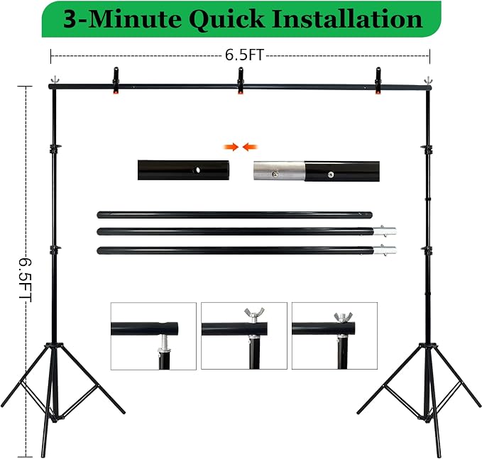 2 in 1 Green Backdrop Stand Kit,6.5x6.5 ft Portable Dual Rod Stand kit with 6x9ft Green Backdrop-Premium Polyester for Video Streaming, Portrait Photoshoot,Wall Mounted, Parties