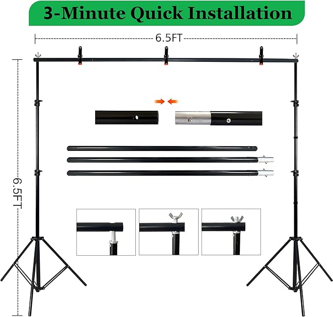 2 in 1 Green Backdrop Stand Kit, 6.5x6.5 ft Portable Dual Rod Stand kit with 6x7ft Green Backdrop-Premium Polyester for Video Streaming, Portrait Photoshoot, Wall Mounted, Parties