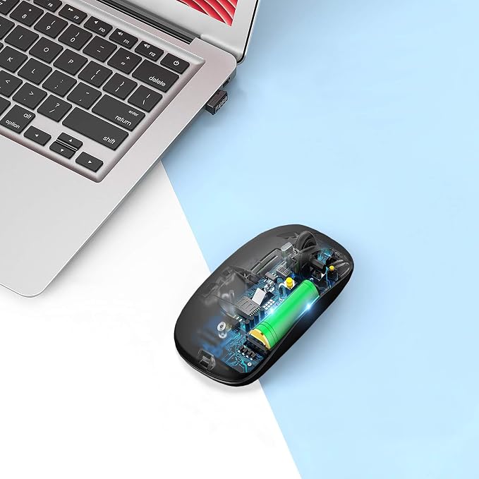AIKOKOK Wireless Bluetooth Mouse, Rechargeable, Dual Mode Bluetooth 5.2 & 2.4G USB, LED Lights, Slim, Silent, Portable Computer Mouse for Laptop, PC, MacBook, iPad, Tablet (Black)
