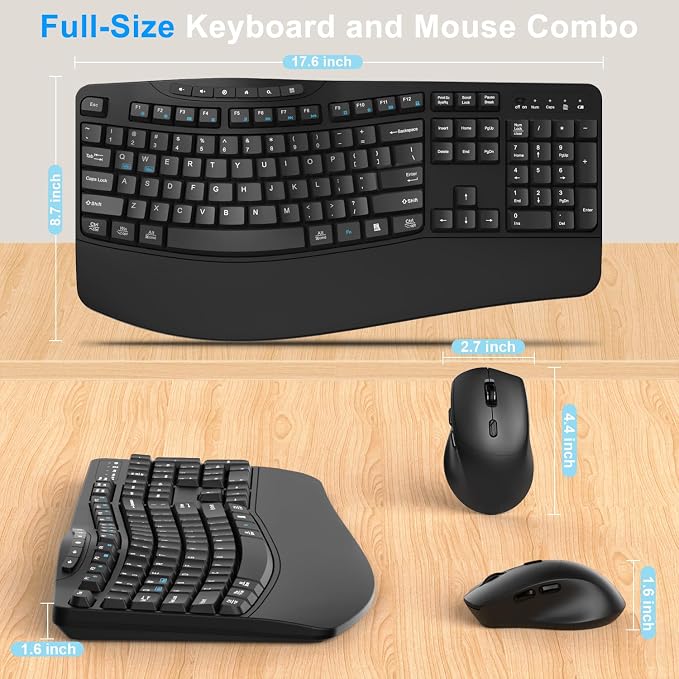 Wireless Keyboard and Mouse Combo, Ergonomic Keyboard with 6 Multimedia Keys, 2.4G Full Size Keyboard with Wrist Rest, 3-Level DPI Wireless Silent Mouse with 6-Buttons, for Windows (Dark Black)