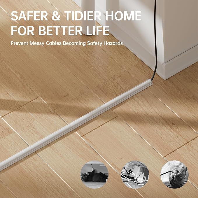 Delamu 85in Adhesive Cord Hider Wall, Mounted TV Cord Cover Kit, Multiple Cable Raceways for Wall Corner, Wire Cover Hiders for 1-2 Cables, 1.18" W X 0.43" H, White