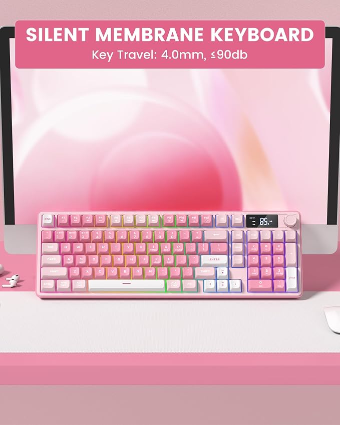 Keymatic Gaming Keyboard Wireless Creamy Keyboard with Media Knob & Screen Cute Keyboard Mechanical Feeling Membrane Keyboard with Number Pad RGB Backlit Tri-Mode BT/2.4GHz/USB-C - Pink