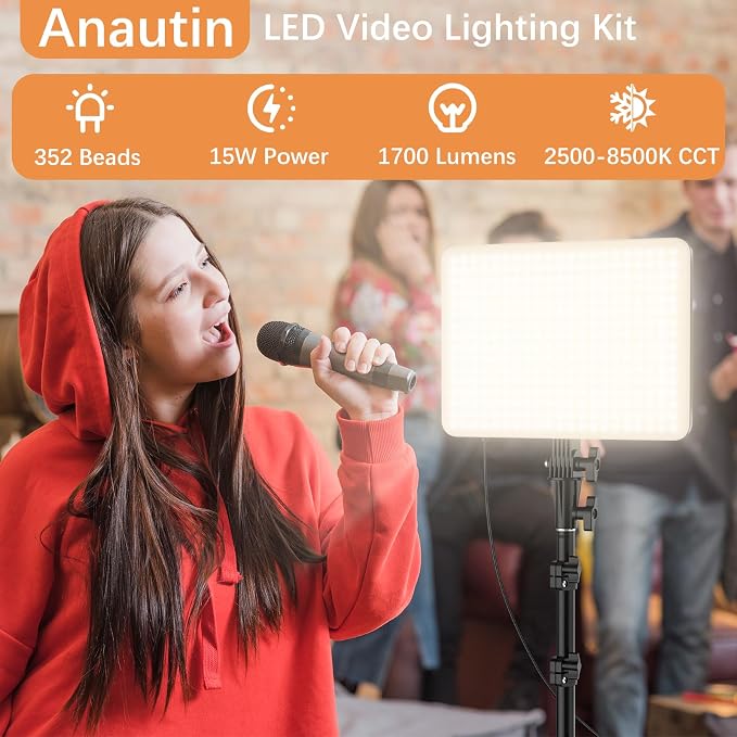 1-Pack LED Video Lighting Kit, Anautin 15W/1700Lux Photography Lighting with Tripod Stand, 2500-8500K Dimmable Streaming Light for Video Recording, Gaming, Podcast, Barber, Salon, TikTok, YouTube