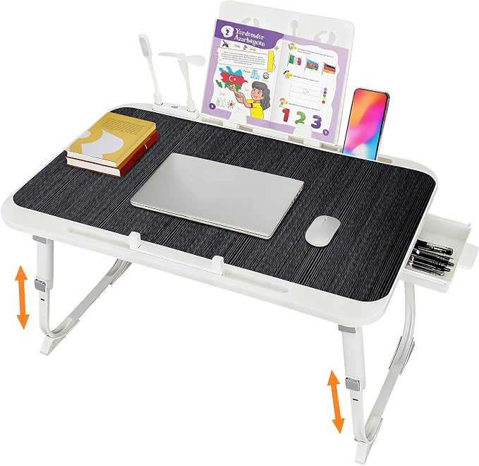 Laptop Desk for Bed, Adjustable Height Laptop Bed Table, Foldable Lap Desk with USB Charge Port, Desktop Card Slot, Side Drawer, Book Shelf, Portable Lap Tray for Eating Reading Working Sofa & Floor