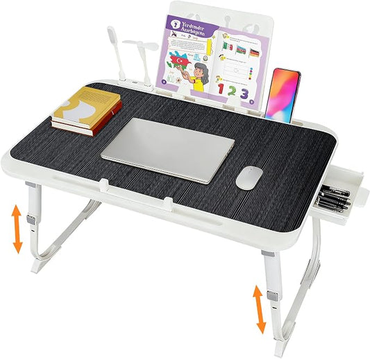 Laptop Desk for Bed, Adjustable Height Laptop Bed Table, Foldable Lap Desk with USB Charge Port, Desktop Card Slot, Side Drawer, Book Shelf, Portable Lap Tray for Eating Reading Working Sofa & Floor