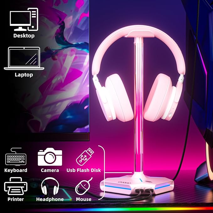 Pink RGB Headphone Stand with 2 USB Ports & Extension Cord, Gaming Headset Stand for Desktop Table, PC Gaming Accessories, Gifts for Girlfriend,Teen Boys Girls, Gaming Setup Organizer
