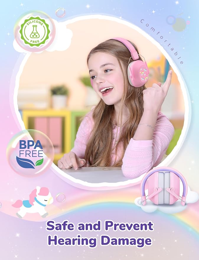 iClever Noise Cancelling Headphones for Kids, SNR 29dB Safety Noise Reduction Ear Muffs for Autism Sensory &Concentration Aid, Ear Hearing Protection for Fireworks/Event/Monster Jam, Rainbow Pony