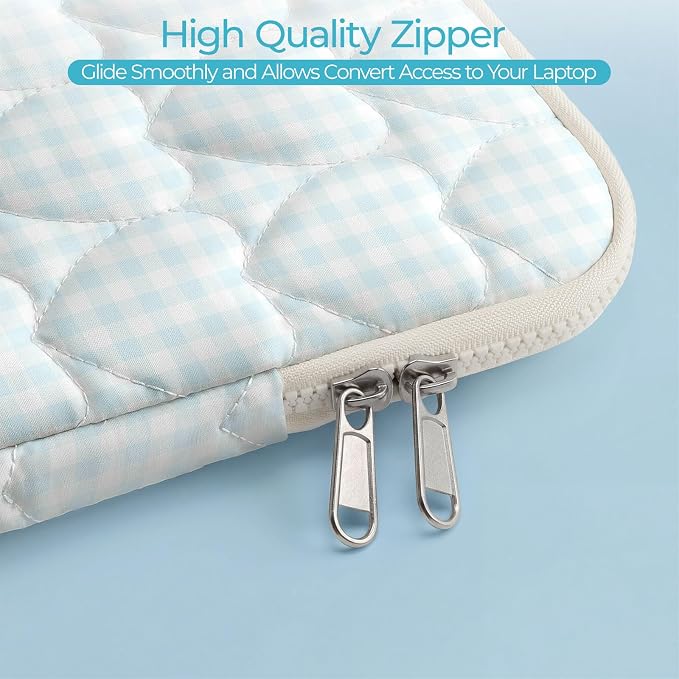 13-14 inch Cotton Quilted Laptop Sleeve for Women, Aesthetic Puffy Laptop Case Carrying Bag Compatible with MacBook Air/Pro 13/Pro 14, Soft Computer Liner Bag (Blue Gingham, 11.6 inch)