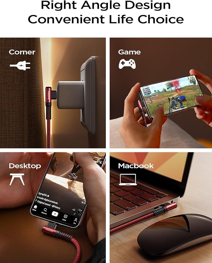 AINOPE 240W Long USB C Cable 10 ft USB C Cable Fast Charging Type C Charger Right Angle Fit iPhone 16 15 Pro MacBook Max iPad Samsung 25 10FT Red