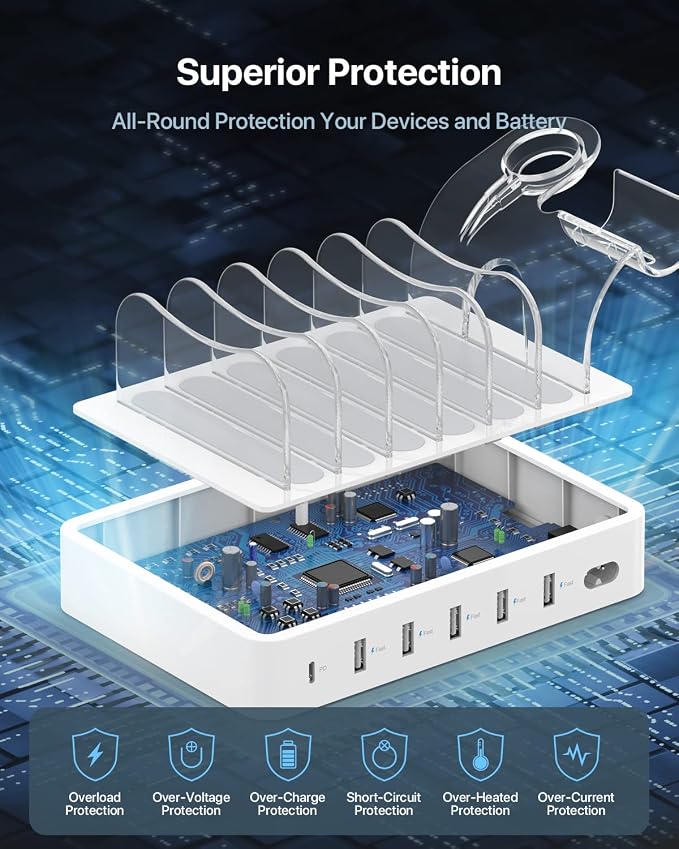 SooPii 60W 6-Port Charging Station for Multiple Devices, PD 20W USB C Fast Charging for lPhone 14/13/12,6 Short Cables Included, 2 in 1 Holder,for Phones,Tablets and Others,White