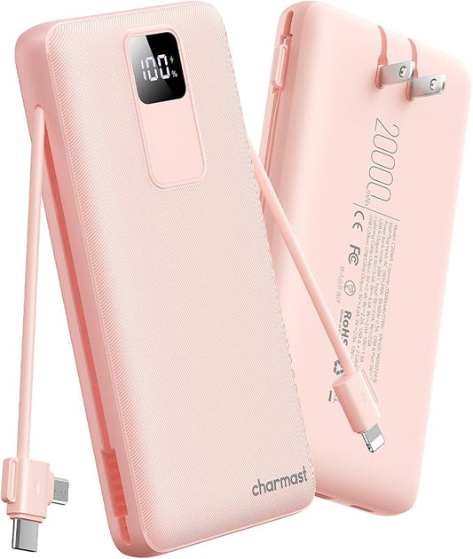 charmast Portable Charger with Built-in Wall Plug and Cables, 20000mAh Power Bank Travel Essentials, 20W Fast Charging Battery Pack Compatible with iPhone 17/16/15/14/13/12/11, Samsung, Android