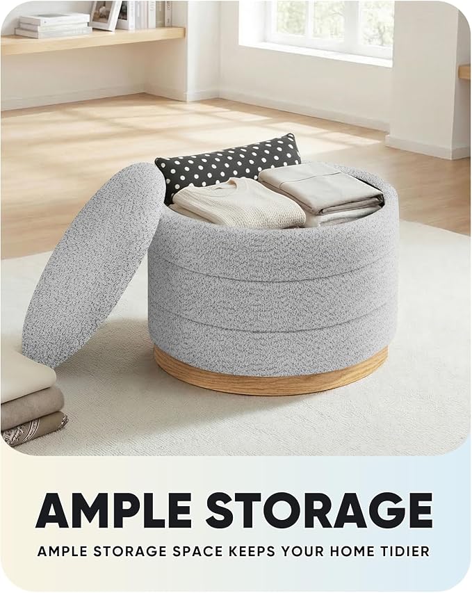 B FSOBEIIALEO Round Storage Ottoman with Tray, Folding Ottoman with Storage Coffee Table Foot Rest for Dorm Room Living Room Chenille Fabric,Sliver Grey,22.83"x22.83"x17.34"