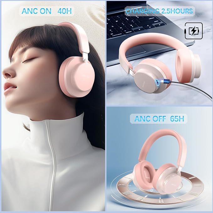 Over Ear Headphones Wireless Bluetooth, Noise Cancelling Headphones Bluetooth with Microphone, Cancelling Wireless Headphones Over Ear, 65h Playtime, Clear Calls, Comfort Fit For Travel (Pink)