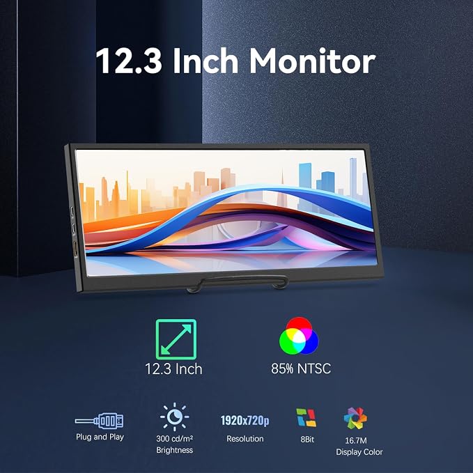 12.3 Inch Secondary Monitor, IPS Stretched Bar LCD Travel Display 1920 * 720 HDMI USBC, Mini Portable Monitor Metal Material for Laptop Computer Windows Aida64 GPU CPU RAM Monitoring,Built-in Speaker