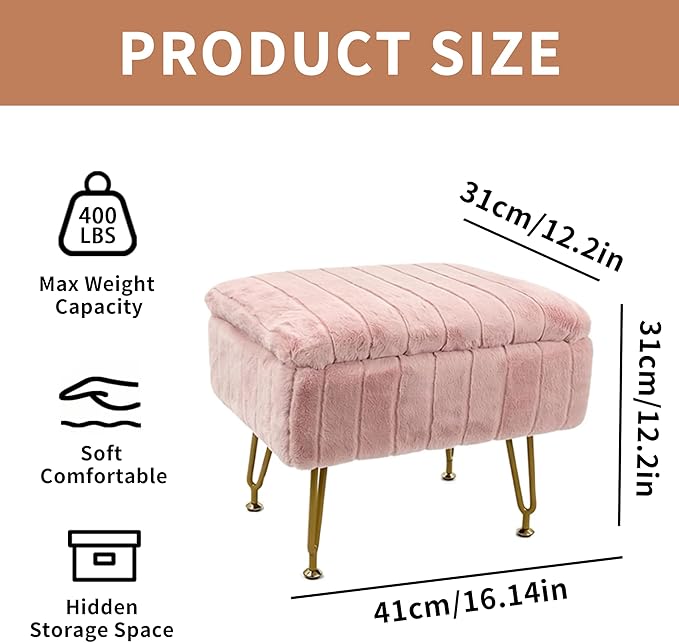Small Foot Stool with Storage & Gold Metal Legs, Small Ottoman Foot Rest Under Desk for Couch, Chair, Pink Furry with High-Density Resilient Sponge