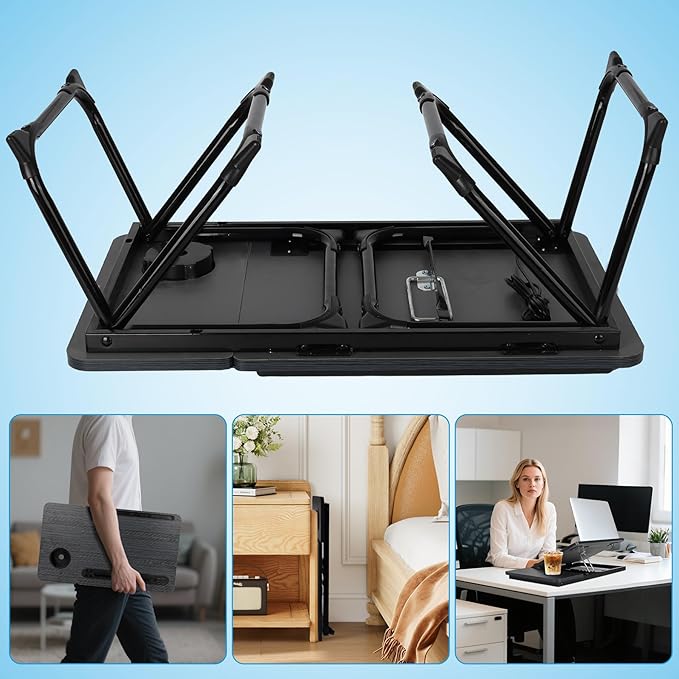 Laptop Bed Desk, Adjustable Lap Desk, Small Laptop Table with USB Charge Port, Desktop Card &Pen Slot, Cup Holder, Foldable Bed Tray Table for Couch Sofa Chair Floor Eating Working