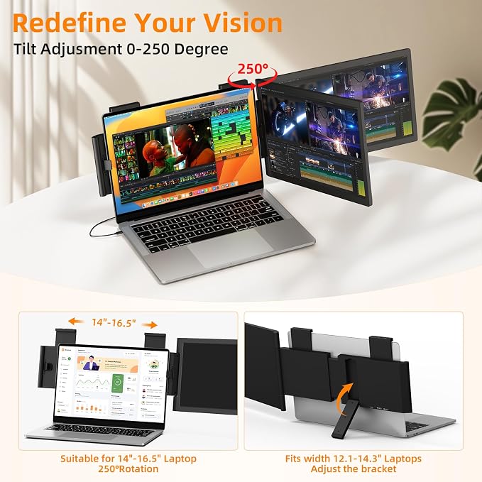 Laptop Screen Extender, 14" FHD IPS 1080P Portable Monitor for Laptop Mini HDMI/Type-C PC Display Extender Fits 14"-16.5" Laptops,Plug & Play for Windows/Mac/Android/Switch/PS5