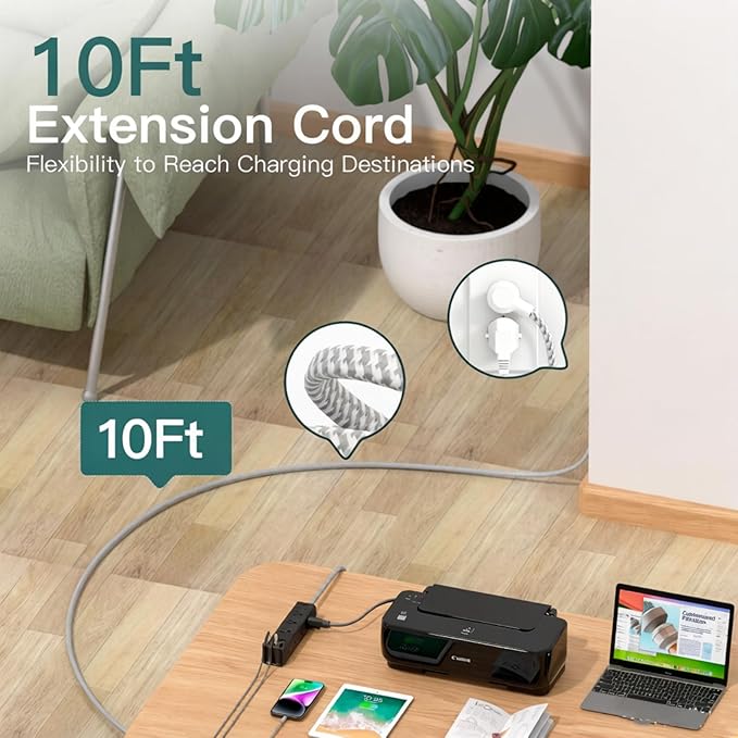 Addtam 10FT Power Strip Surge Protector, 12 Wide Spaced Outlets 4 USB Ports, Flat Plug Extension Cord, Wall Mount Outlet Extender, 1050J Protection for Desk Office Gaming, ETL Listed, Black