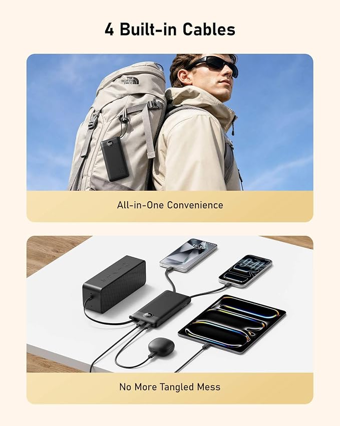 VEEKTOMX Portable Charger with 3 Built-in Cables — 10000mAh Slim Power Bank, USB-C Battery Pack with Lightning & Micro USB, TSA Approved Travel Charger for iPhone, Samsung, Android