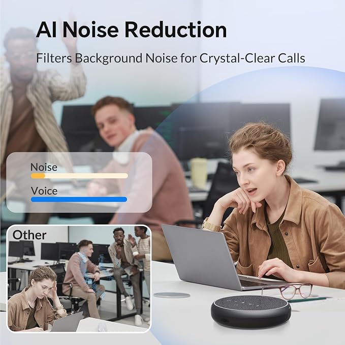 Conference Speakerphone, 3 AI Mics 360 Voice Pickup, Smart Noise Cancelling, Portable Speaker for Video Calls, Home Office & Small Team Meetings