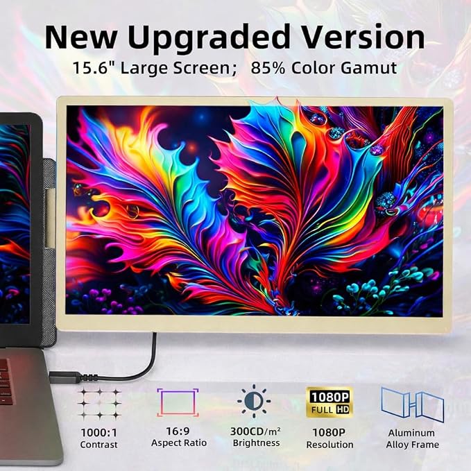 ROYY Laptop Screen Extender Double Monitor - 15.6" Detachable Portable Computer Monitor, FHD 1080P IPS 235 Degrees Rotation Extra Screen Compatible with Mac Wins Dex Chrome Fits 13-17" Laptop