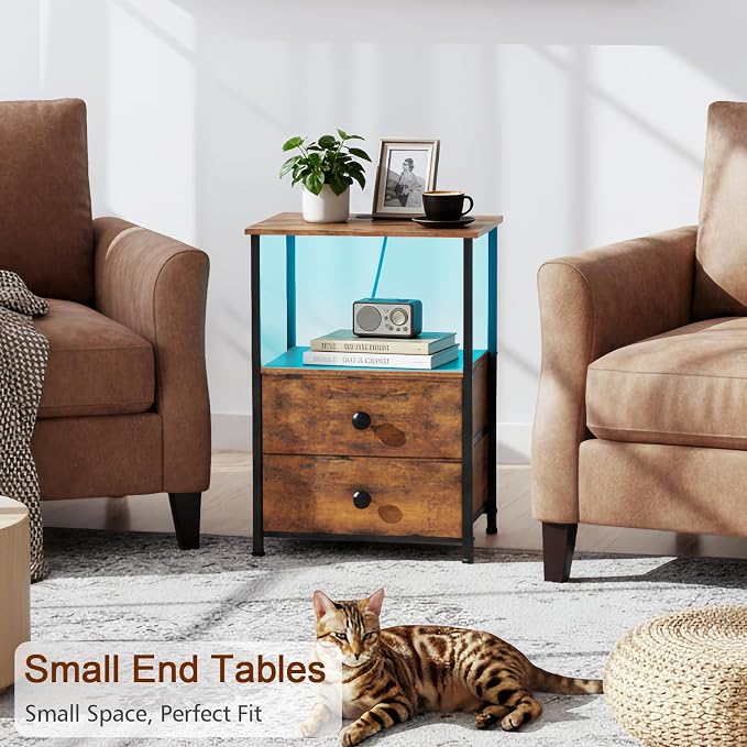 LOAKEKEL Night Stand Set 2, LED Nightstand with Charging Station, End Tables with Storage Shelf for Small Space, Bedside Table with 2 Fabric Drawers for Bedroom, Brown HETS02PQBR