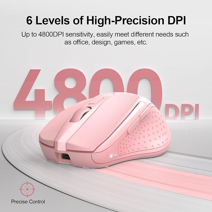 TECKNET Wireless Mouse Rechargeable, 2.4G USB-A Silent Mouse, Quiet Click, 6 Adjustable 4800 DPI, Cordless Computer Mice, Ergonomic Mice for Laptop, 6 Buttons for Chromebook, Ergo Grip - Pink